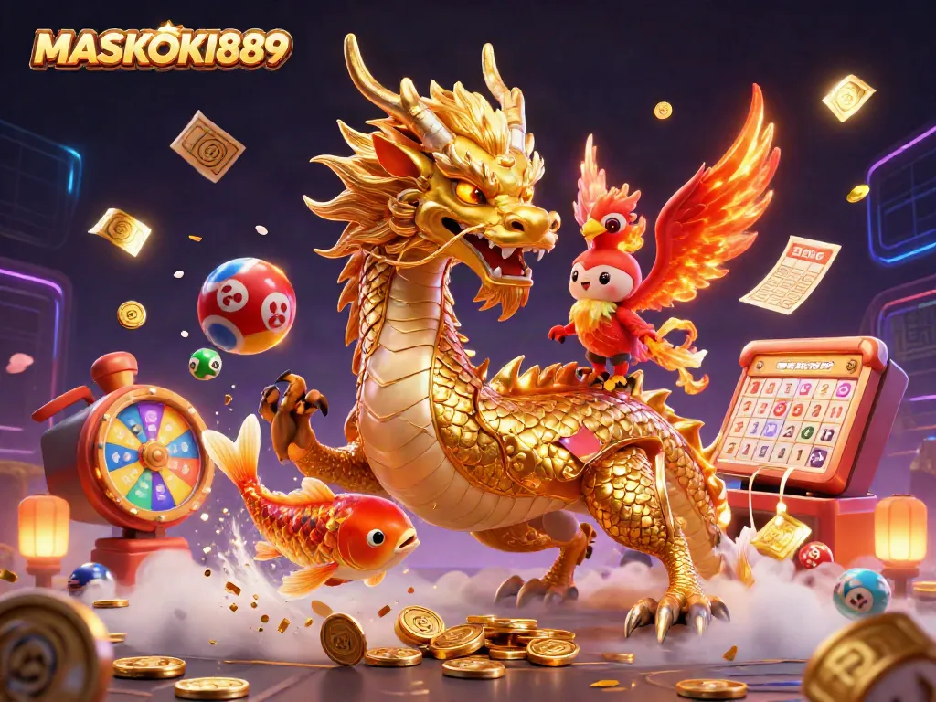 Experience the excitement at MASKOKI889, with a golden dragon, phoenix, and koi fish amidst vibrant lottery elements.