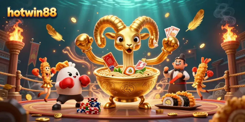 Enjoy hotwin88 with a vibrant illustration of a giant ramen bowl character and dynamic casino elements.