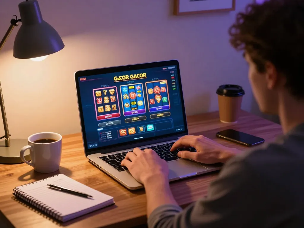 Player enjoying Slot Gacor games online from home office with cozy atmosphere.