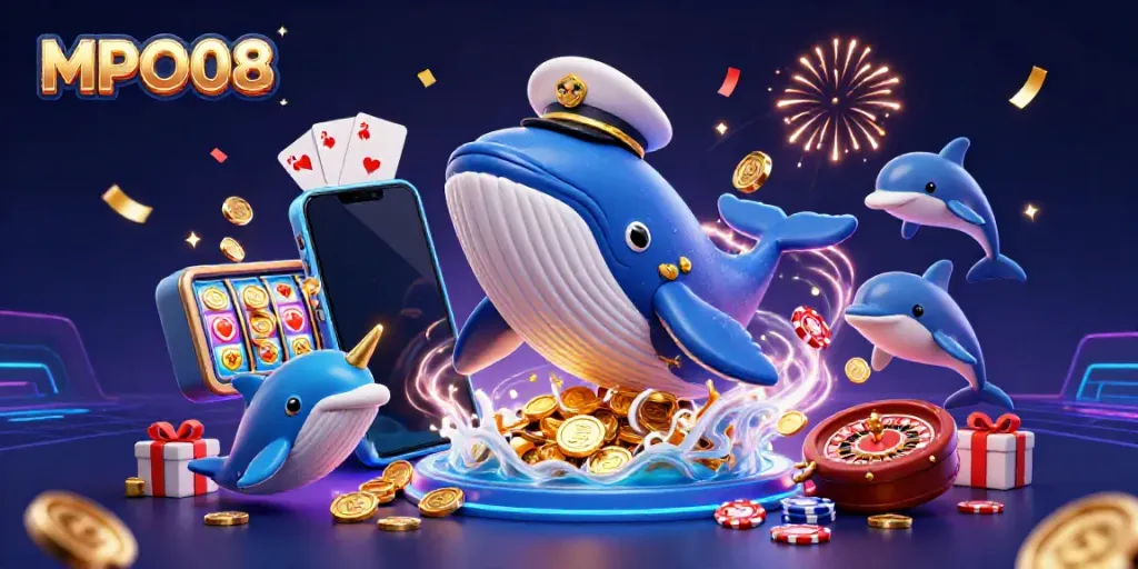 MPO08 whale character in a playful casino scene, featuring dolphins and poker chips.