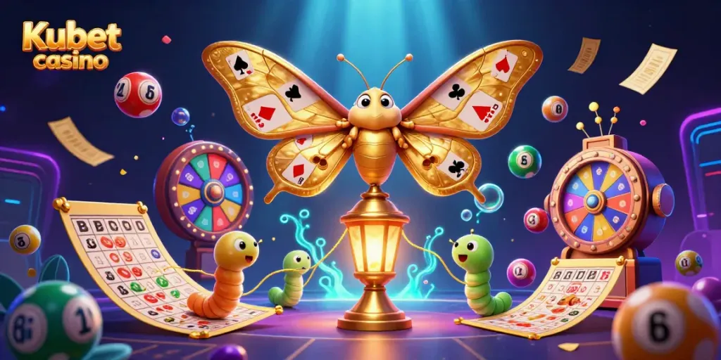 Engage with the vibrant imagery of Kubet casino featuring a golden-winged moth, dynamic lottery elements, and a lively gaming atmosphere.