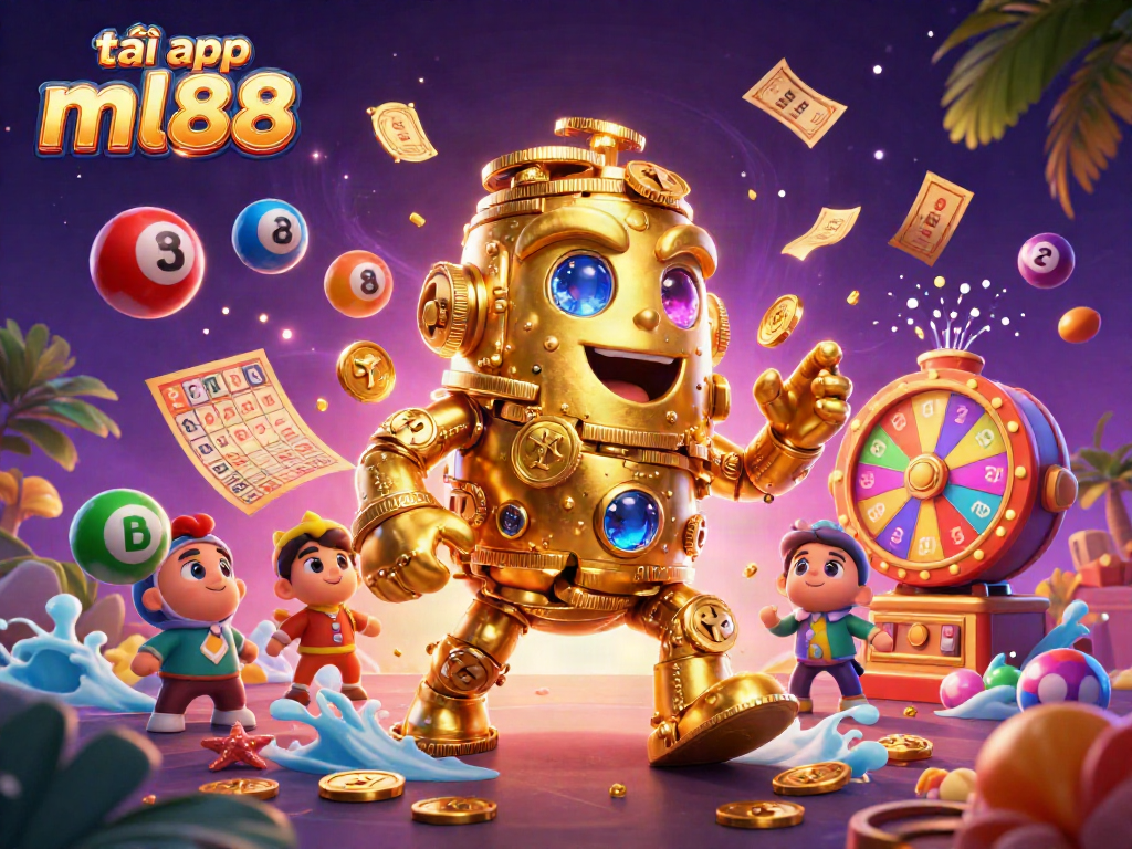Engage with the exciting tải app ml88 scene featuring a golden golem amidst vibrant lottery symbols.