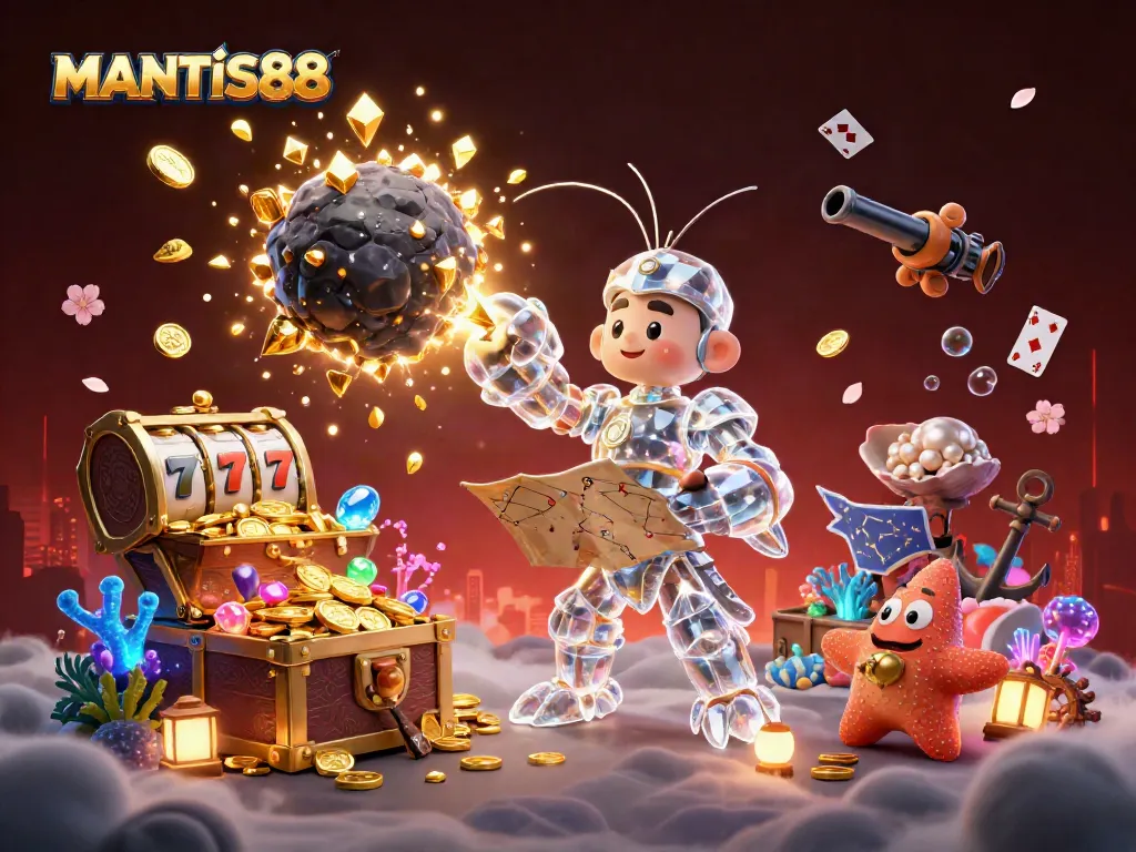 Engage with MANTIS88 as a galactic samurai mantis shrimp bursts through asteroids, revealing treasures in an underwater casino world.