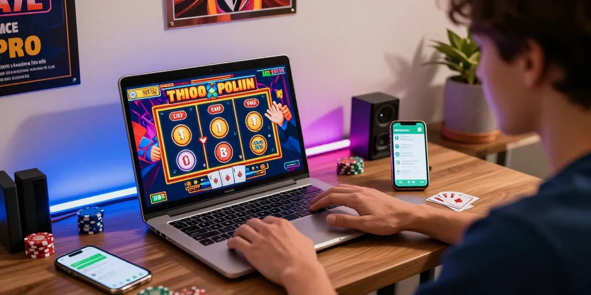 Player enjoying online slot games on a laptop with vibrant graphics