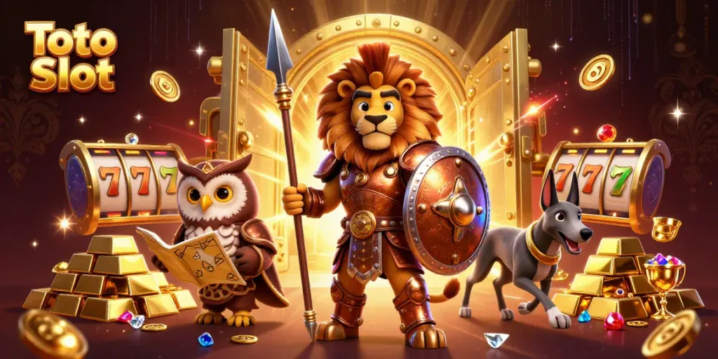 Permainan Toto Slot menampilkan singa Spartan dan elemen kasino bergemerlapan.