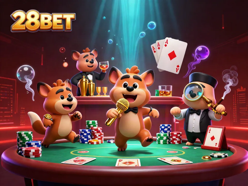 Experience 28BET at a lively casino club with hyenas in dynamic roles and vibrant gaming action.