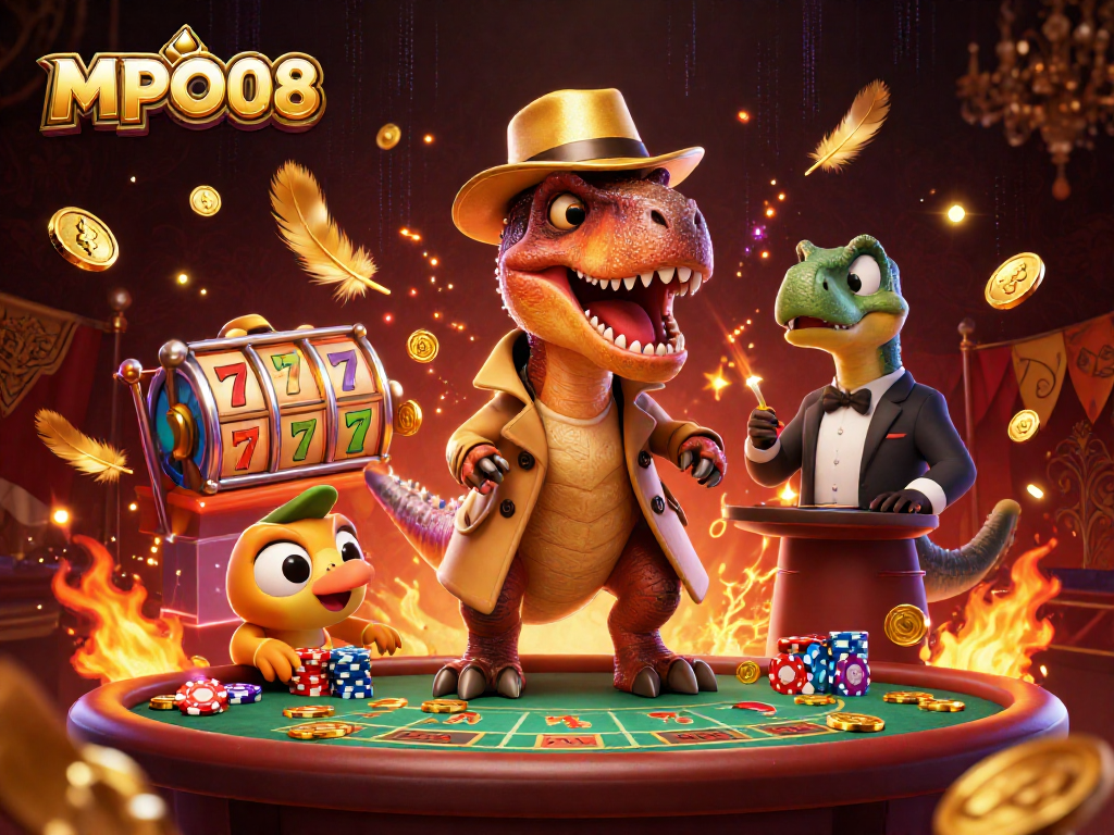 MPO08 offers a thrilling gaming experience where a velociraptor plays cards while a stegosaurus watches over, surrounded by slot elements.