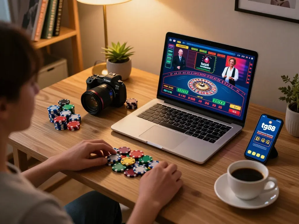 Engaging with tg88 casino app during live dealer roulette at home.