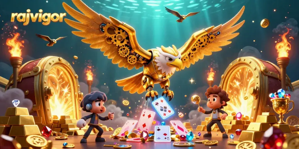 Engage in epic gaming adventures with rajavigor as a cybernetic eagle soars through holographic cards.