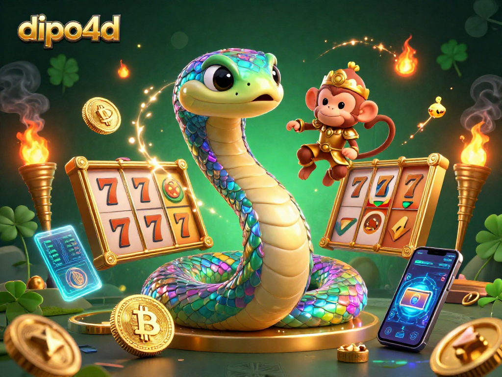 Engage with dipo4d's vibrant gaming experience featuring a rainbow serpent and monkey king amidst slot reels.