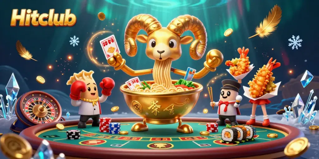 Engage in thrilling casino action with Hitclub's vibrant characters, featuring a playful ramen bowl dealer!