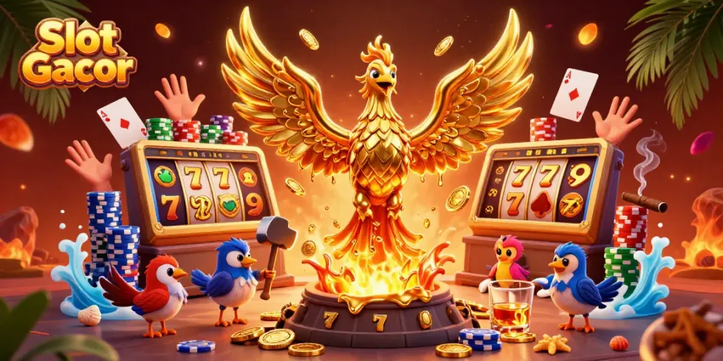 Experience Slot Gacor with a majestic molten phoenix surrounded by lively slot elements and a vibrant atmosphere.