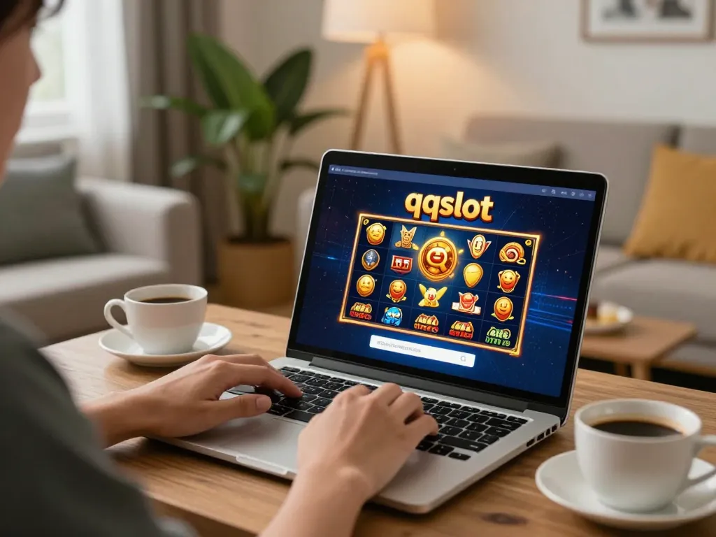 Accessing qqslot login on a laptop in a cozy home setup for online casino gaming.