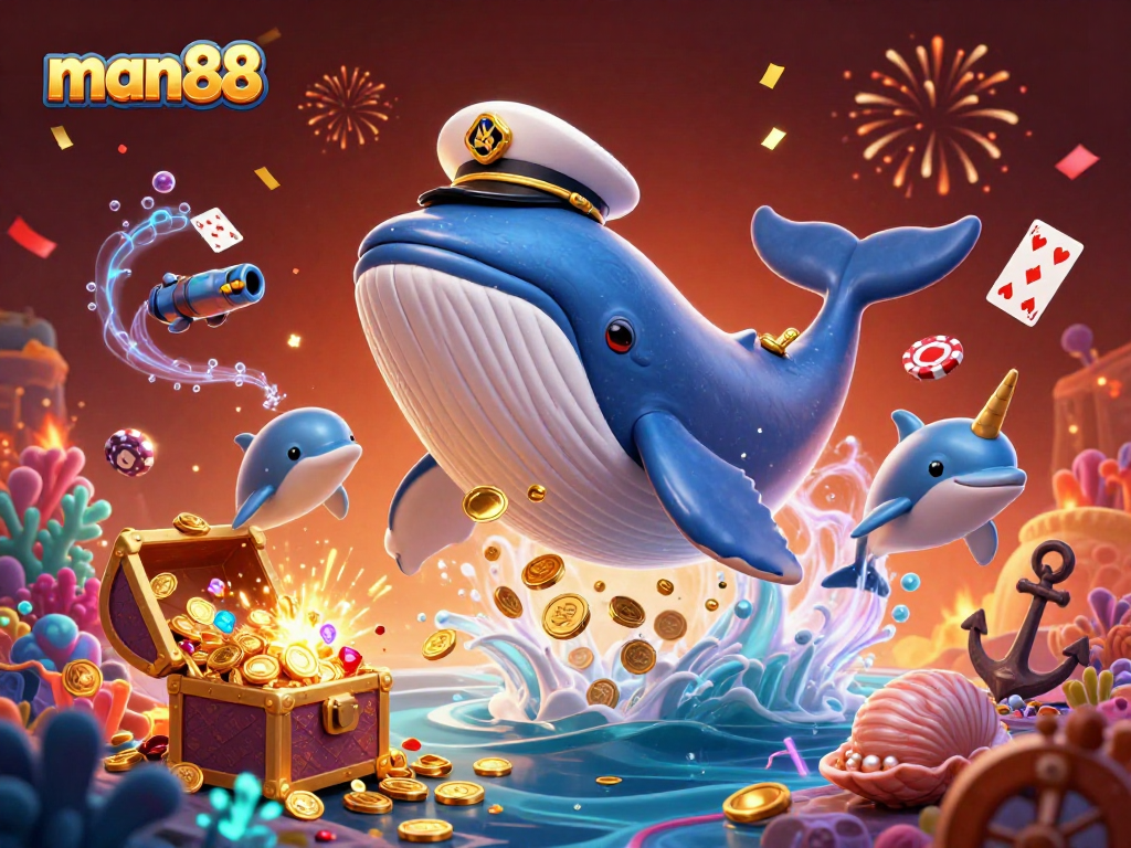 Experience thrilling action with man88 as a cartoon whale breaches through coins alongside dolphins and treasure.