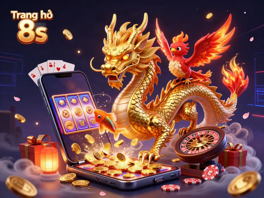 Engage in thrilling gameplay at Trang chủ 8s, featuring a vibrant 3D illustration of a dragon, phoenix, and koi fish with a colorful slot game.