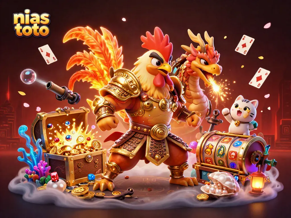 Gambaran penuh aksi dari nias toto dengan ayam petarung dan naga di latar belakang permainan slot