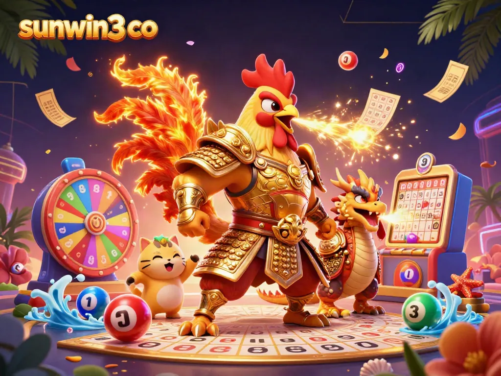 Experience the excitement of sunwin3 co with dynamic lottery elements and a powerful rooster warrior in this colorful casino scene.