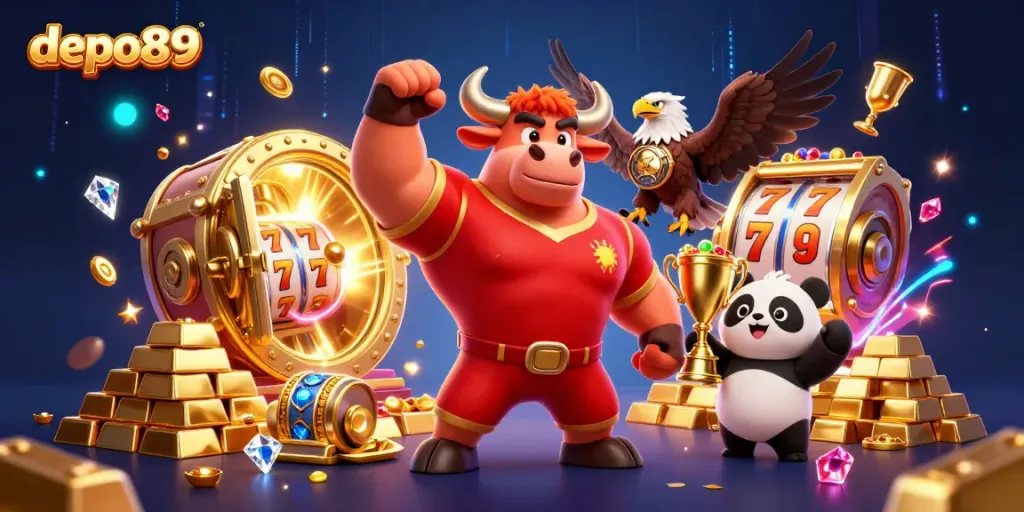 Experience thrilling jackpots with depo89 as the bull mascot celebrates a slot victory surrounded by treasures.