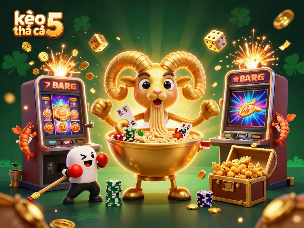 Engage with kèo nhà cái 5 in an action-packed casino scene featuring dynamic characters and festive elements.