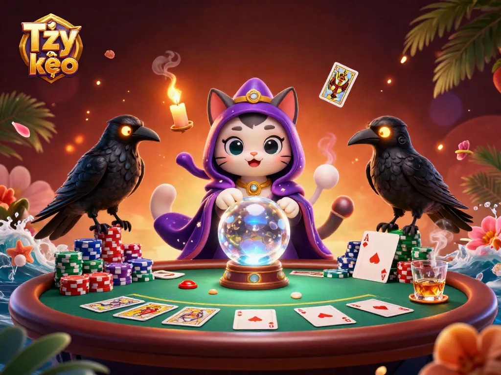 Engage in Tỷ lệ kèo betting strategy with a lively poker scene featuring mystical elements.