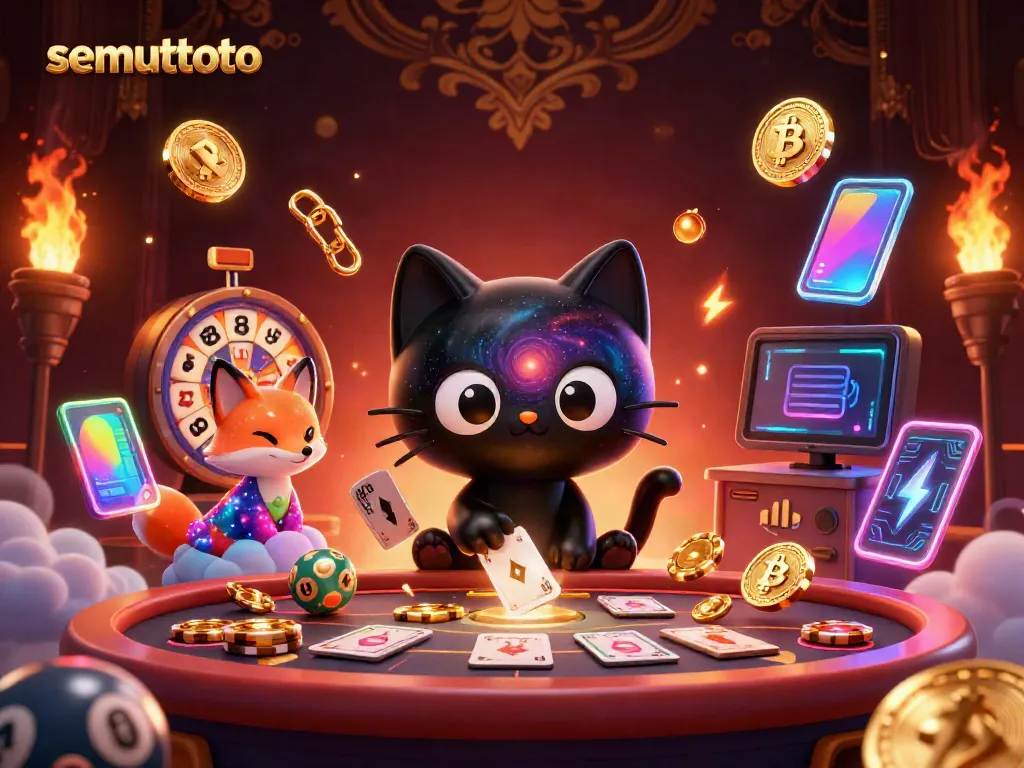 Semuttoto menarik chip emas dari meja kasino dengan karakter kucing berbintang dan rubah nebula, menggambarkan suasana perjudian yang dinamis.