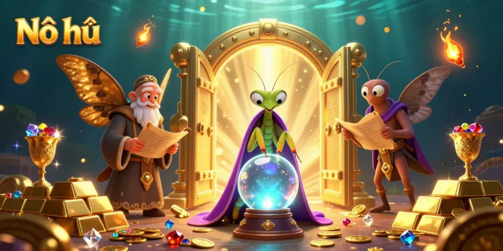 Nổ hũ slots featuring a fortune teller and a librarian surrounded by treasures