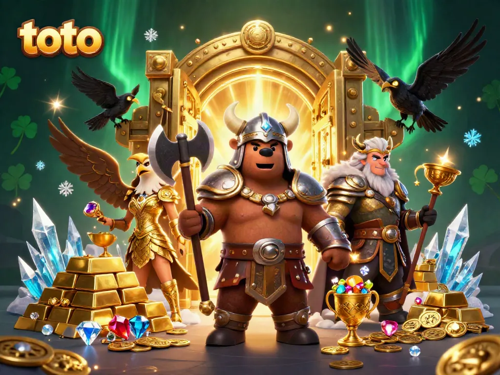 Experience thrilling wins with toto; a Viking bear and Valkyrie eagle surrounded by riches.