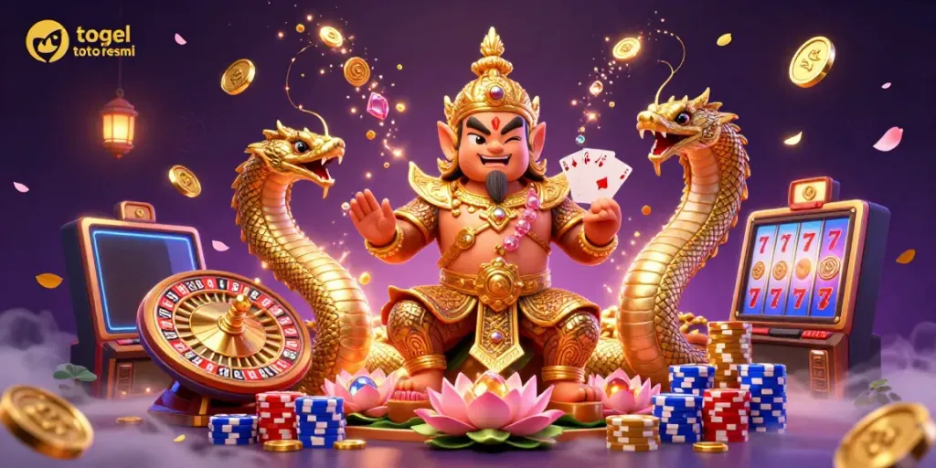 Permainan togel toto resmi ditampilkan dengan penjaga kuil Thailand yang ramah dikelilingi oleh koin emas dan permainan kasino.