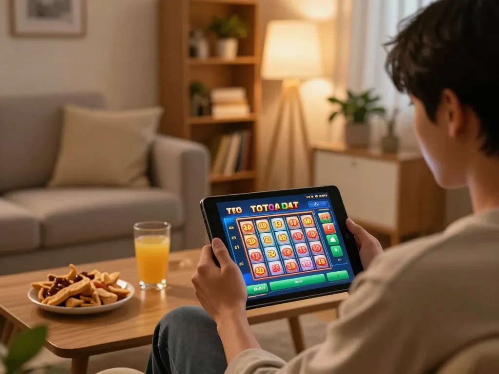 Engaging in toto slot 4d gameplay on a tablet in a cozy home setting