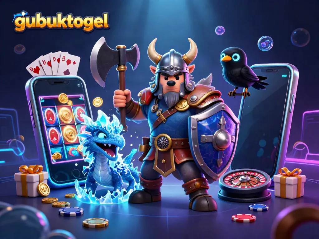 Gubuktogel menghadirkan ilustrasi karakter Viking beruang serta elemen slot yang berputar dan koin emas, menciptakan kegembiraan bermain.