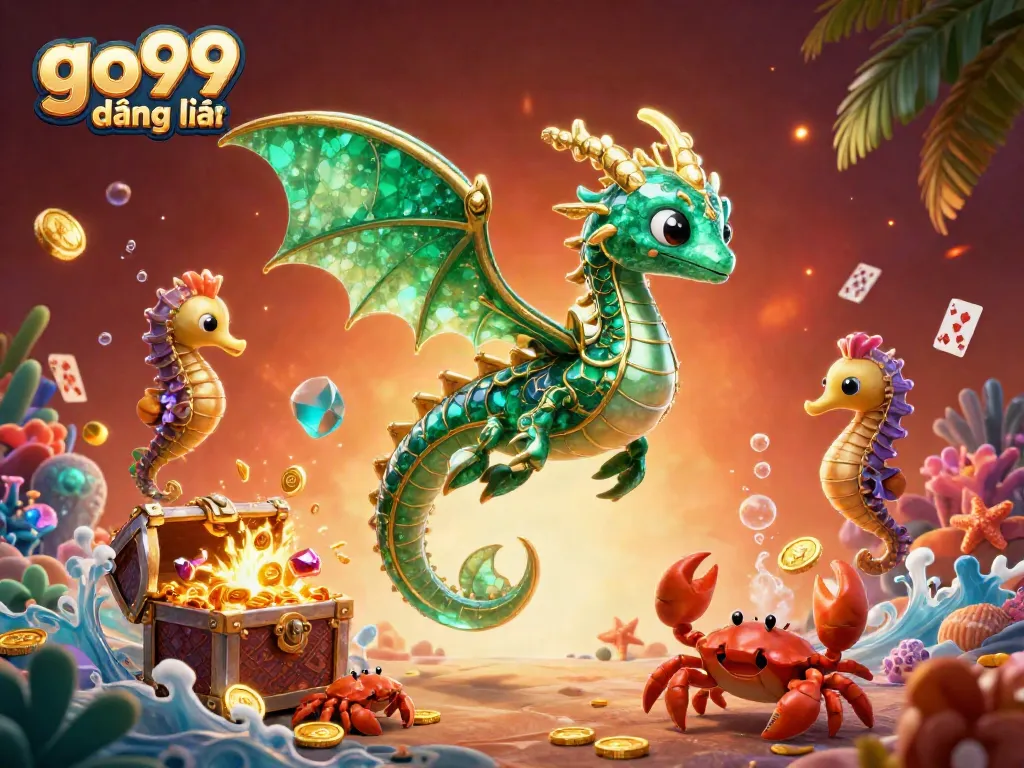 Experience the exciting gameplay with go99 đăng nhập featuring an emerald dragon and treasure chest in a vibrant underwater scene.