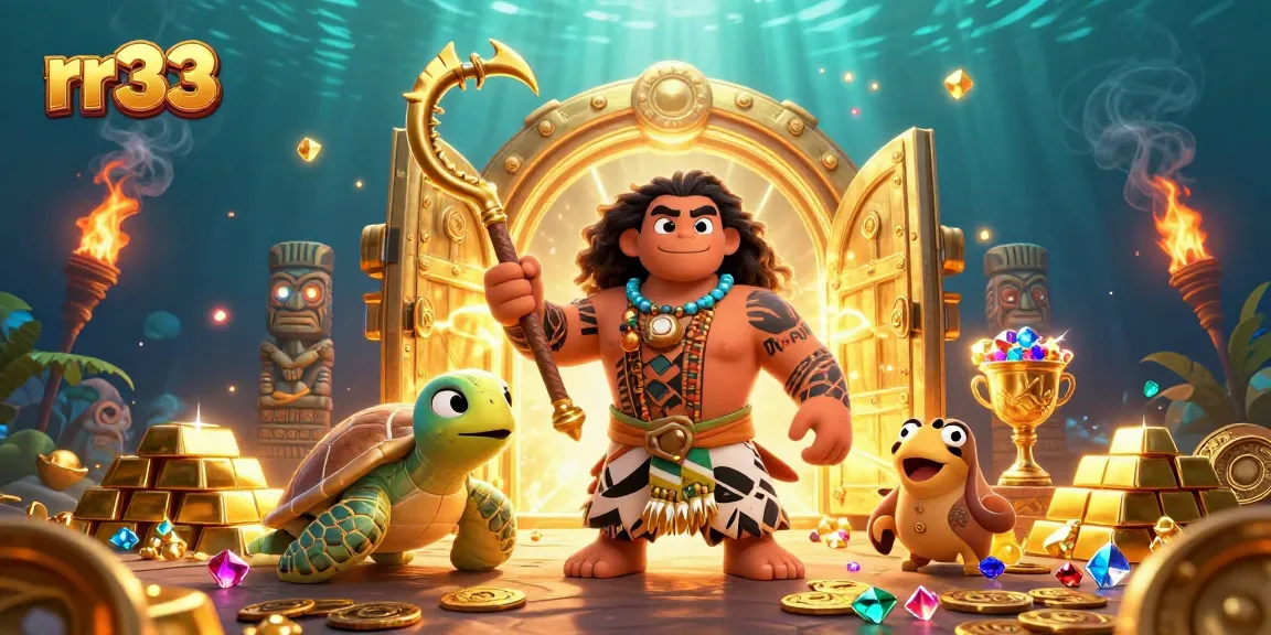 Experience thrilling jackpots at rr33 with a vibrant 3D illustration of a Polynesian demigod and treasures.