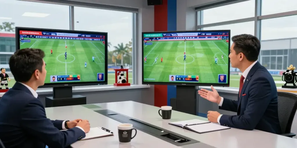 Sports analyst discussing strategies for jebolwd football with dynamic screens in a modern studio.