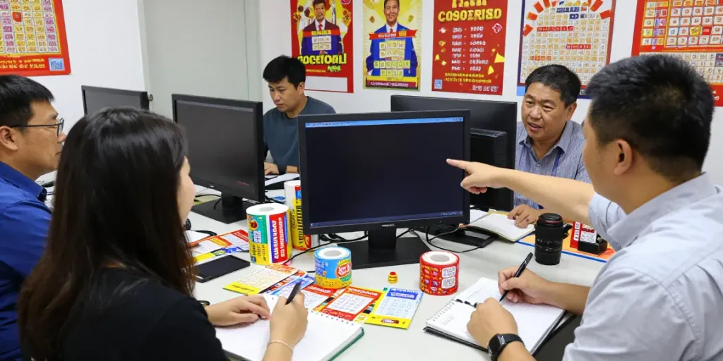 Suasana kantor lotere Bagustoto yang meriah, dengan pemain antusias melihat hasil undian.