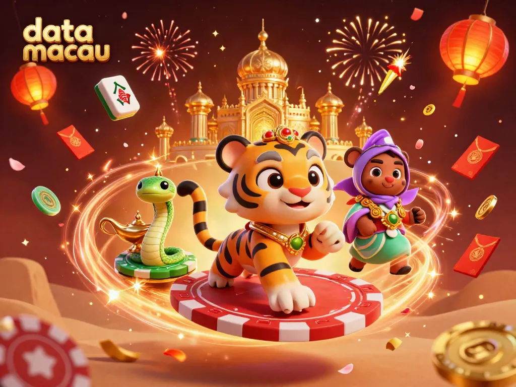 Menampilkan data macau dengan ilustrasi 3D menarik dari Sultan Harimau yang terbang di atas karpet chip poker