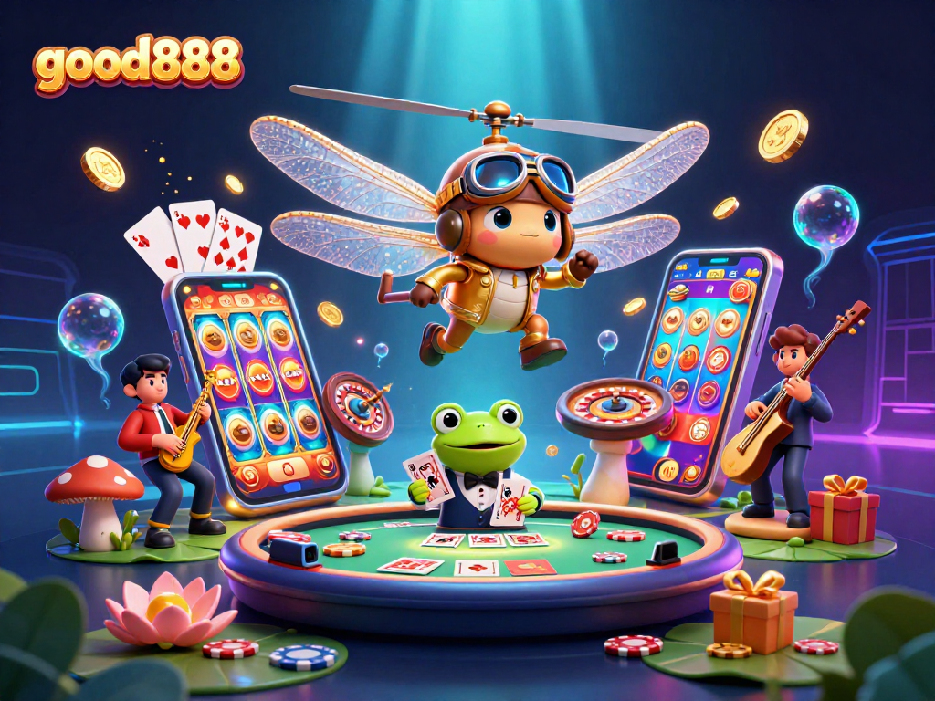 Experience thrilling gaming at good888 with a vibrant scene showcasing a dragonfly pilot and frog croupier in action.