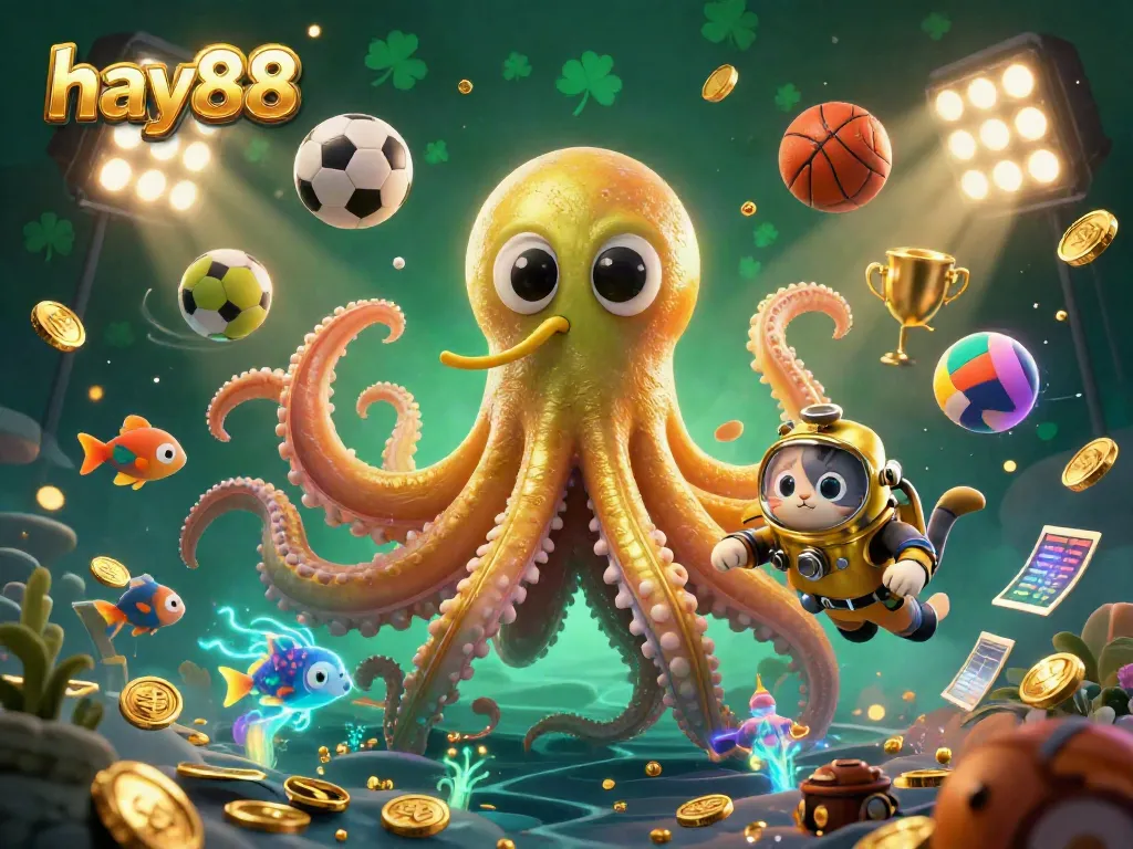 Experience the vibrant energy of gambling at hay88 with a captivating kraken and diving cat illustration.