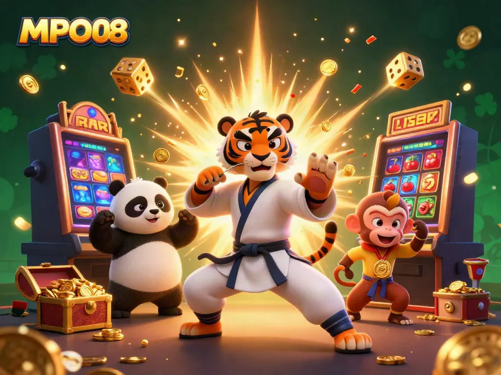 MPO08 tiger master teaches slot strategy with panda and monkey at a casino.