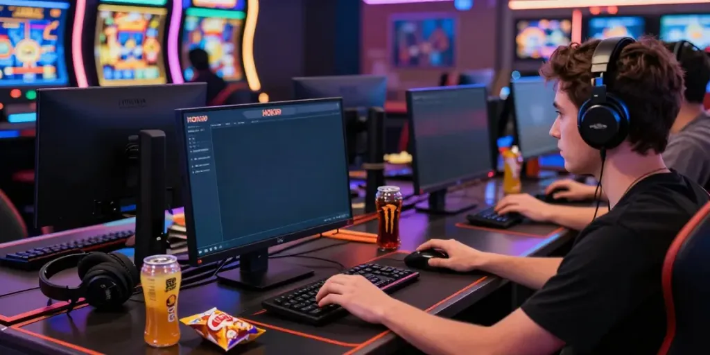 Pemain fokus pada platform HOKI99 dalam suasana kasino online yang cerah dan energik.