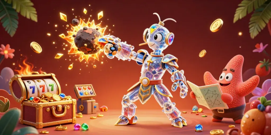 IDNSCORE showcases a vibrant 3D scene with a mantis shrimp and treasure elements, highlighting online gaming excitement.