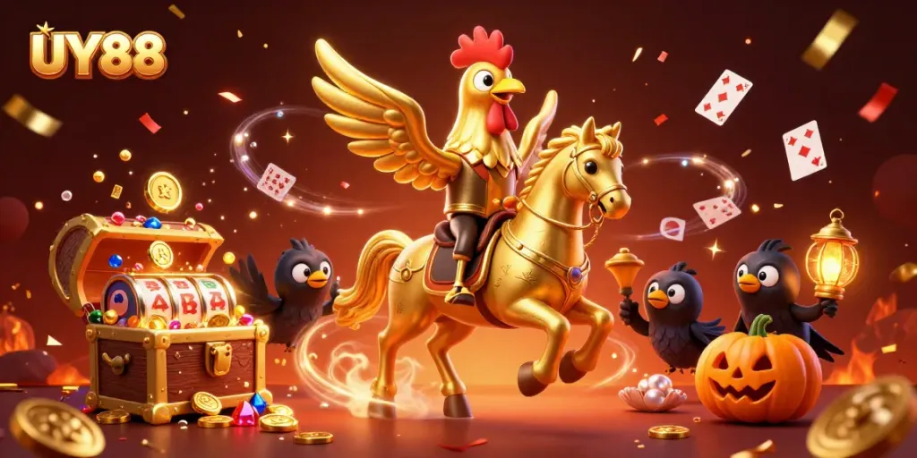 Experience the thrilling UY88 casino adventure with dynamic characters and festive gaming elements.