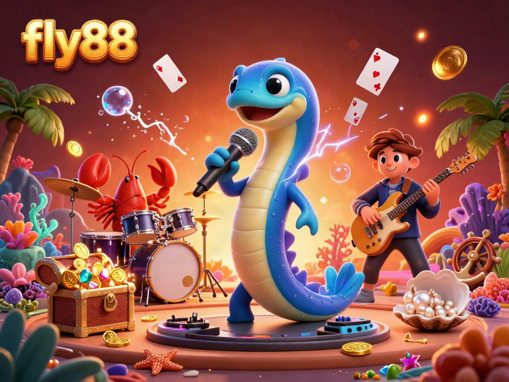 Experience the excitement of fly88 with a vibrant underwater casino scene featuring a DJ eel and lively band.