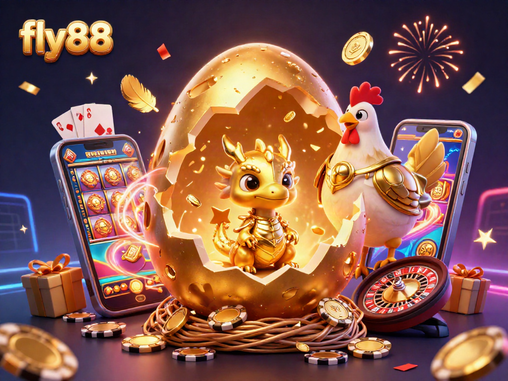 Experience the excitement of fly88 with a golden dragon and poker chips in a vibrant casino scene.