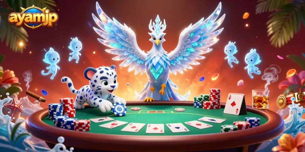 Experience the excitement of ayamjp with a vibrant poker scene featuring unique characters.