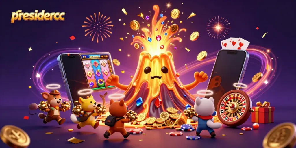 Experience thrilling excitement at presidencc with vibrant casino gaming elements and animated characters.