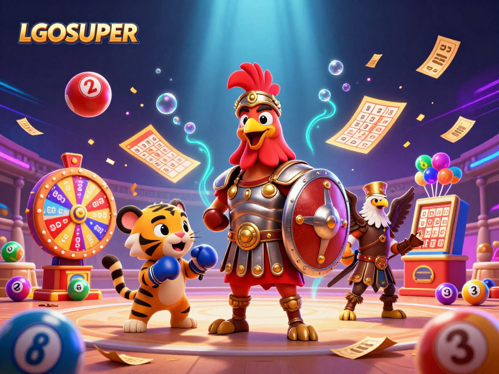 Engage in LGOSUPER’s vibrant gaming world with dynamic lottery balls and casino elements.