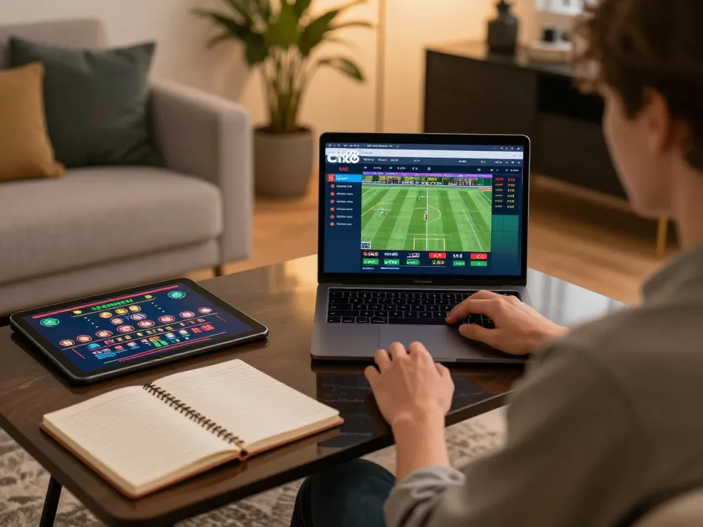 Engaging in online sports betting on cm88 with a laptop, showcasing live odds.