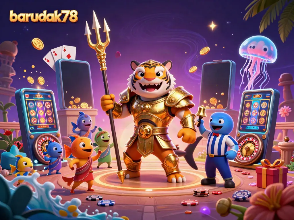 Barudak78 meningkatkan taruhan dengan ilustrasi kasino 3D penuh warna yang menampilkan ikan hiu dan elemen slot yang menarik.