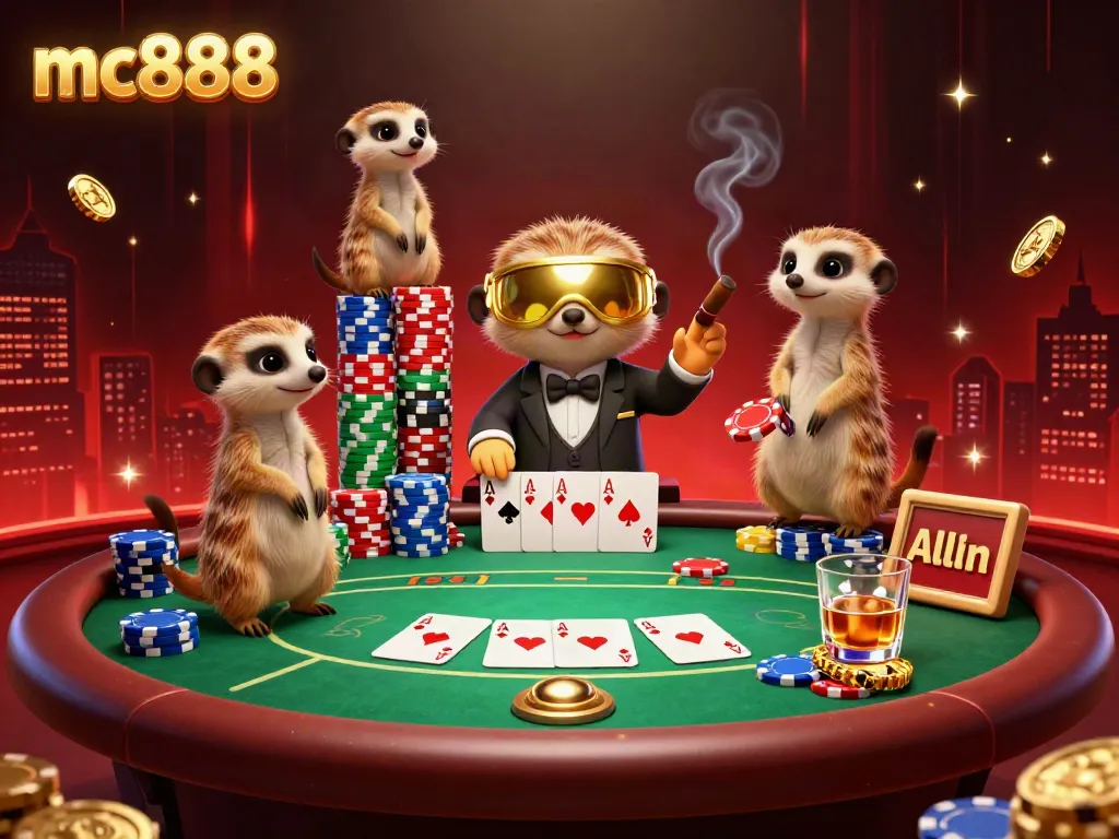 Meerkats di MC888 beraksi dalam operasi kasino dengan permainan poker dan tumpukan chip yang berwarna-warni.