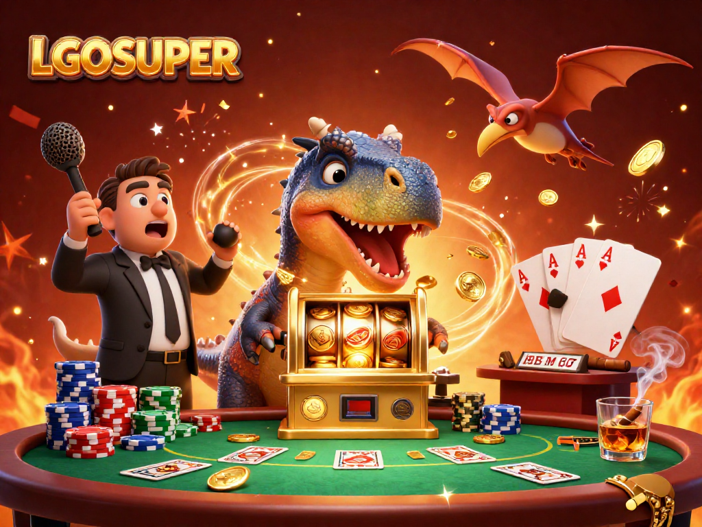 Experience the thrill of LGOSUPER as a dinosaur hits a slot machine for jackpot coins in a vibrant casino scene.